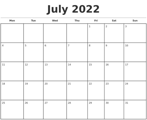 July 2022 Monthly Calendar (PDF, Word, Excel).